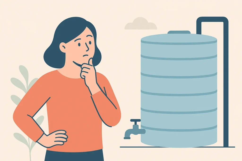 female looking at old water tank