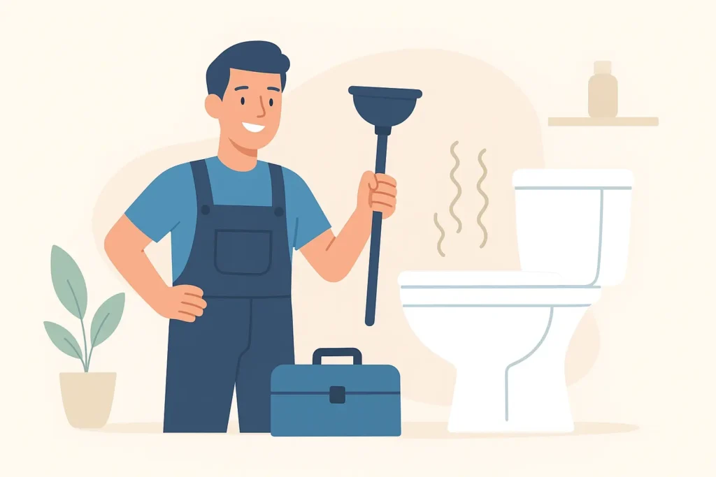 Plumber repairing a blocked toilet with a plunger in a Beaconsfield bathroom.