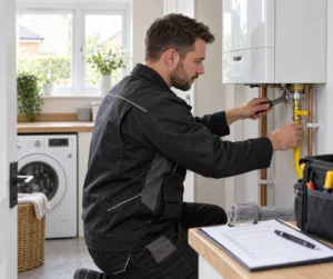 Gas Safe registered engineer inspecting a wall-mounted combi boiler in a UK home
