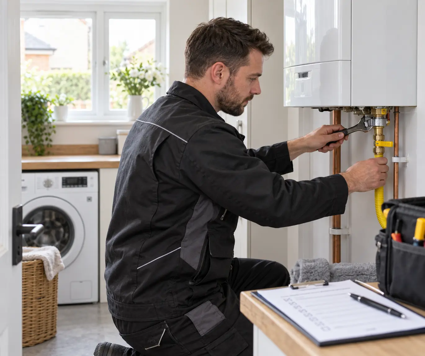 Gas Safe registered engineer inspecting a wall-mounted combi boiler in a UK home